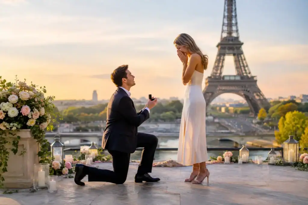 Romantic proposal at Eiffel Tower in Paris with couple and flowers.