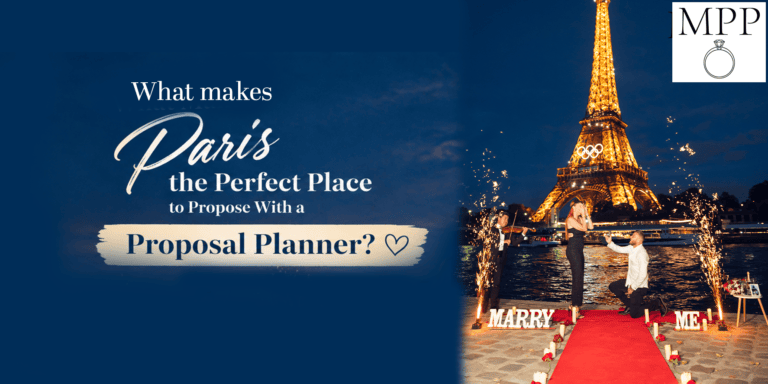Couple proposing in front of the Eiffel Tower in Paris at night.