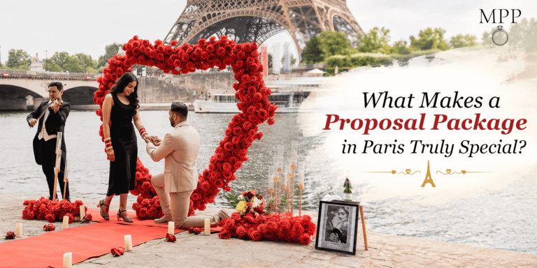 Romantic proposal at the Eiffel Tower with red roses and a couple kneeling.