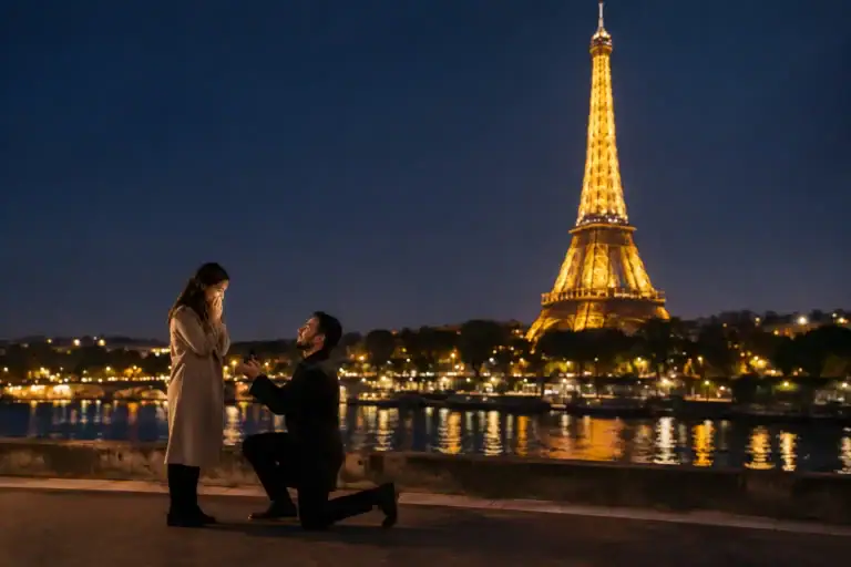 Couple proposing at night with Eiffel Tower illuminated in Paris.