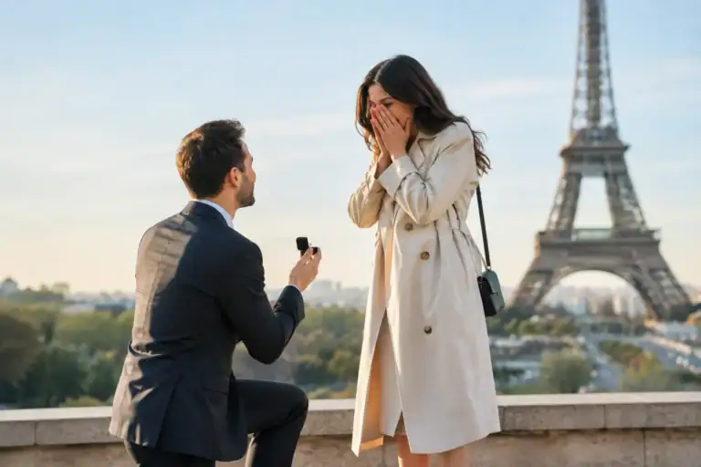 Man proposes to woman with Eiffel Tower in background in Paris.