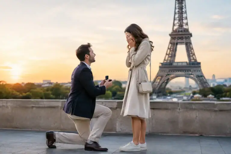 Man proposing to woman with Eiffel Tower in background at sunset.