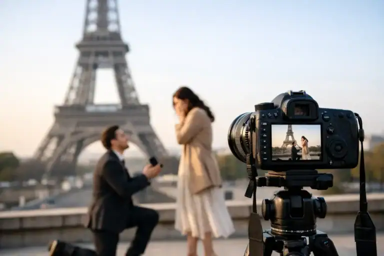 Couple proposing at Eiffel Tower with professional camera capturing the moment.