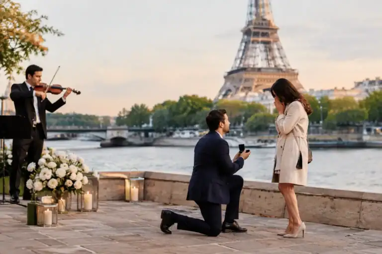 Romantic proposal in Paris with violinist and Eiffel Tower backdrop.