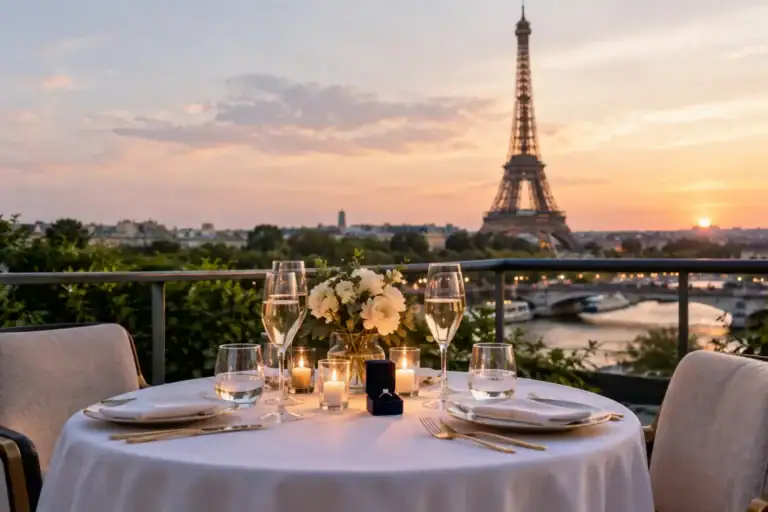 Romantic dinner setup with Eiffel Tower view at sunset in Paris.