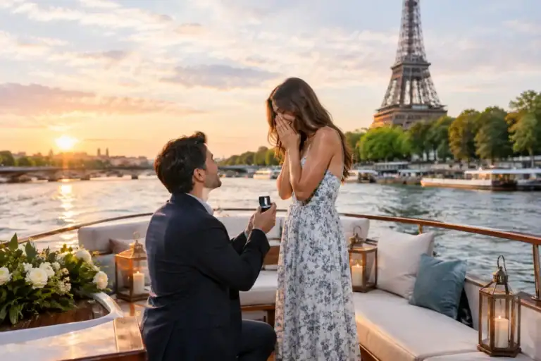 Romantic proposal on a Seine River boat with Eiffel Tower in background at sunset.