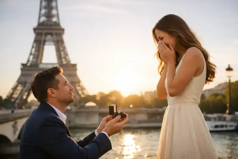 Man proposes to woman in front of Eiffel Tower at sunset in Paris.