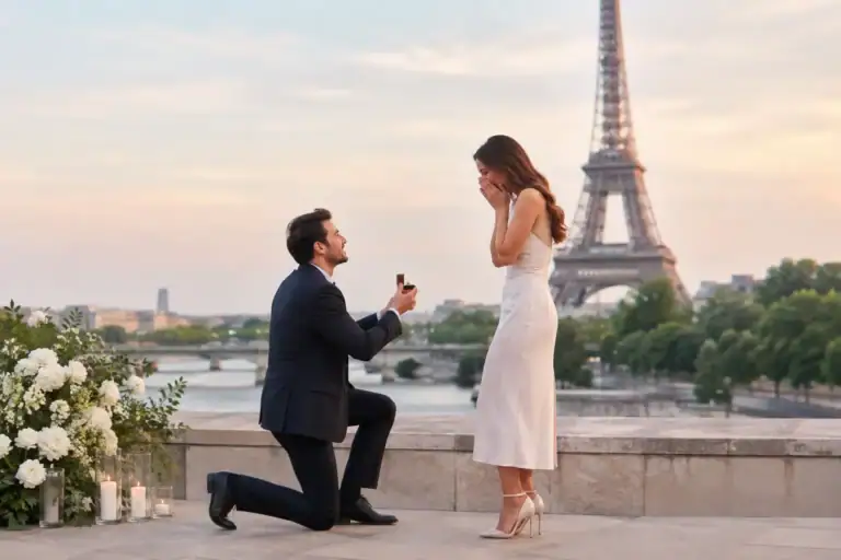 Romantic proposal in Paris with Eiffel Tower in background.