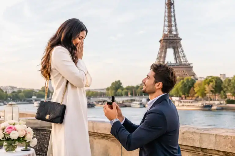 Man proposes marriage to woman with Eiffel Tower in background in Paris.