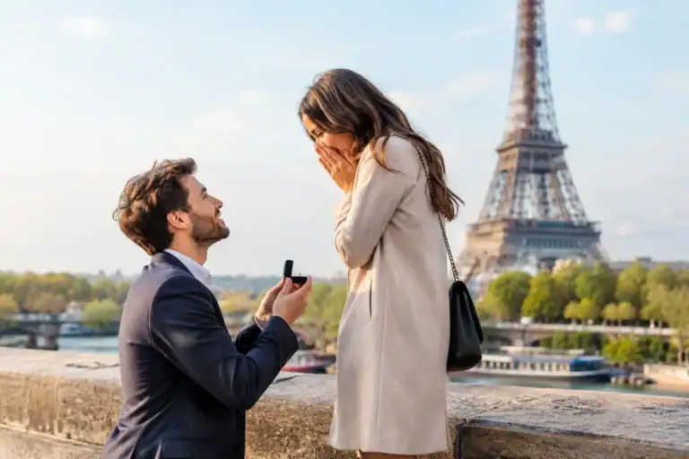 Man proposing marriage to woman with Eiffel Tower in background.
