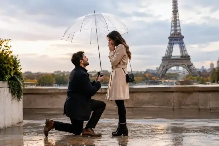 Romantic proposal under umbrella with Eiffel Tower in background in Paris.