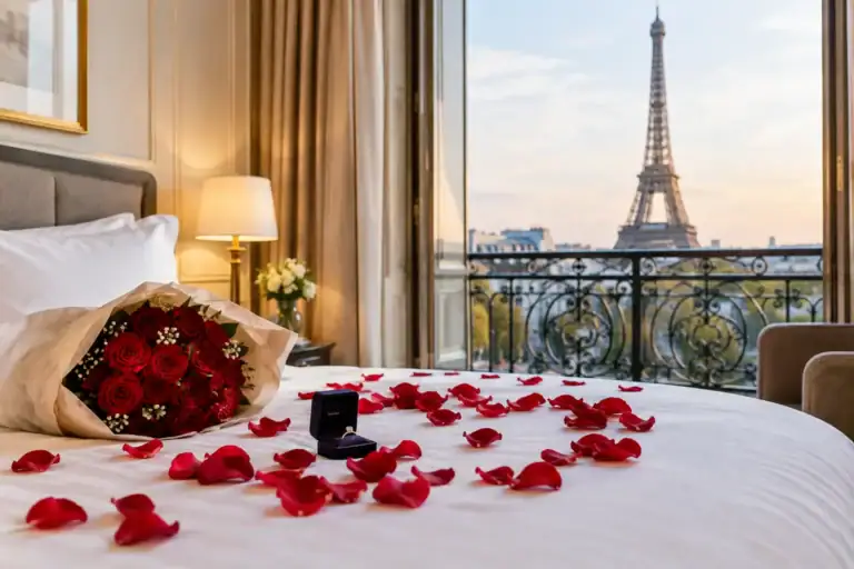 Romantic Paris hotel room with Eiffel Tower view, rose petals, and proposal setup.