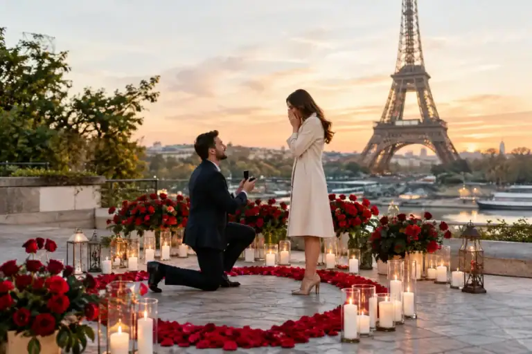 Romantic proposal at Eiffel Tower with candles and roses in Paris.