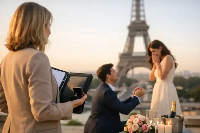 Romantic Paris proposal with Eiffel Tower in background and couple in focus.