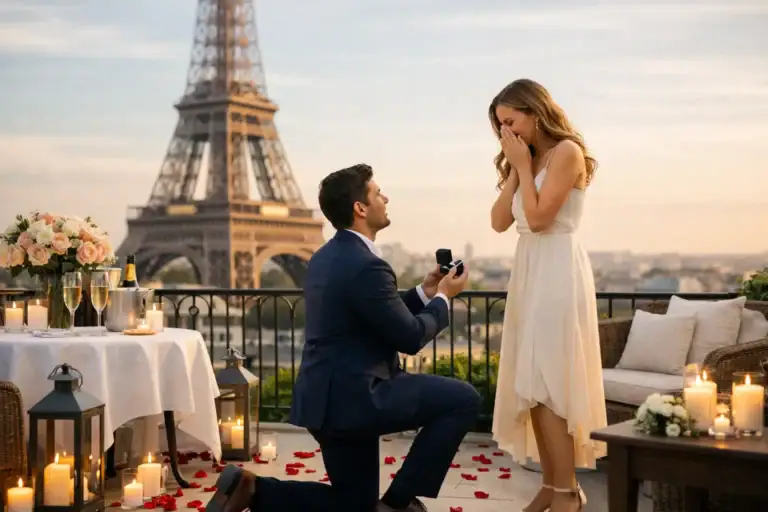 Couple proposing on Eiffel Tower terrace with romantic setup and city view.