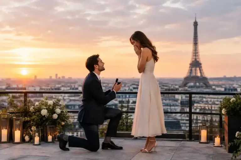 Romantic proposal on Paris rooftop with Eiffel Tower at sunset.