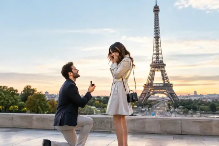 Man proposing to woman with Eiffel Tower in background at sunset.