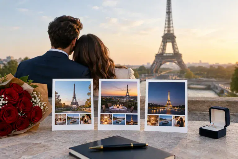 Couple enjoying a proposal with Eiffel Tower view and photos in Paris.
