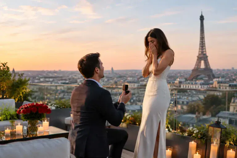 Man proposing to woman on rooftop with Eiffel Tower in background at sunset.
