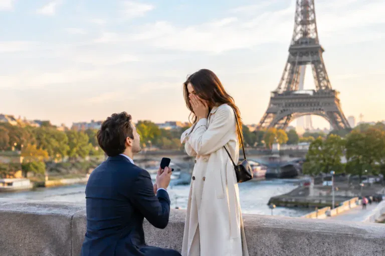 Man proposing to woman with Eiffel Tower in background in Paris.