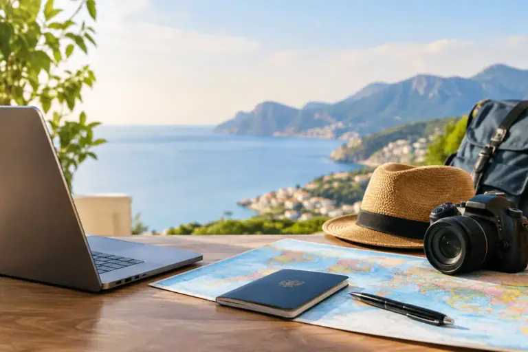 Travel planning setup with laptop, map, hat, camera, and passport overlooking a scenic coastal view.