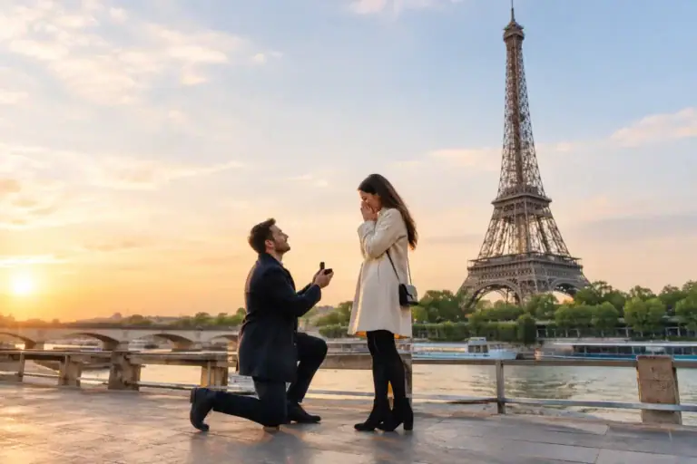 Man proposes to woman with Eiffel Tower in background at sunset.