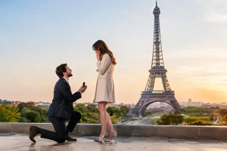 Proposal in Paris: man proposes to woman by the Eiffel Tower at sunset.