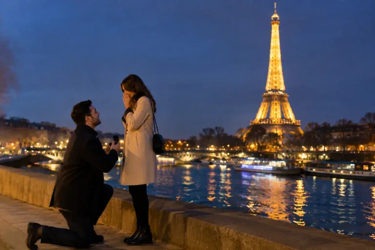 Romantic proposal at night near the Eiffel Tower in Paris.