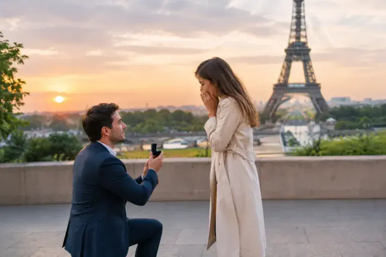 Man proposing to woman with Eiffel Tower at sunset in Paris.