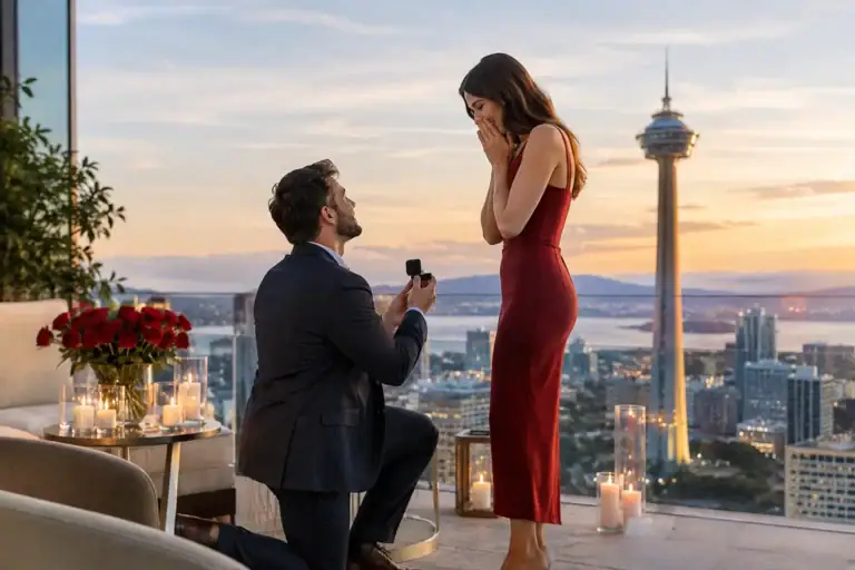 Romantic proposal on a rooftop with Paris skyline and tower view at sunset.